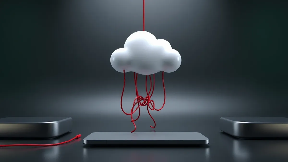 Illustration: A single floating cloud icon drifts aimlessly in a dark digital void.