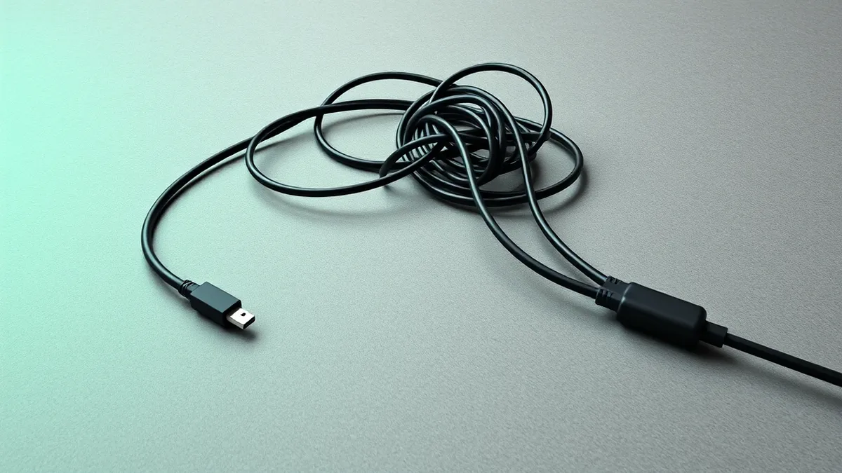 Illustration: A tangled knot of black cables snakes across a grey concrete floor, their ends fraying into thin, ghostly threads that vanish into the shadows.