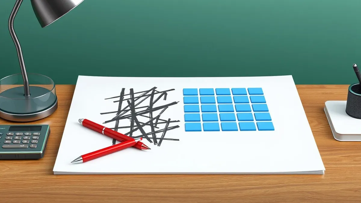 Illustration: A single sheet of paper lies on a wooden desk, covered in neat, abstract geometric shapes and lines.