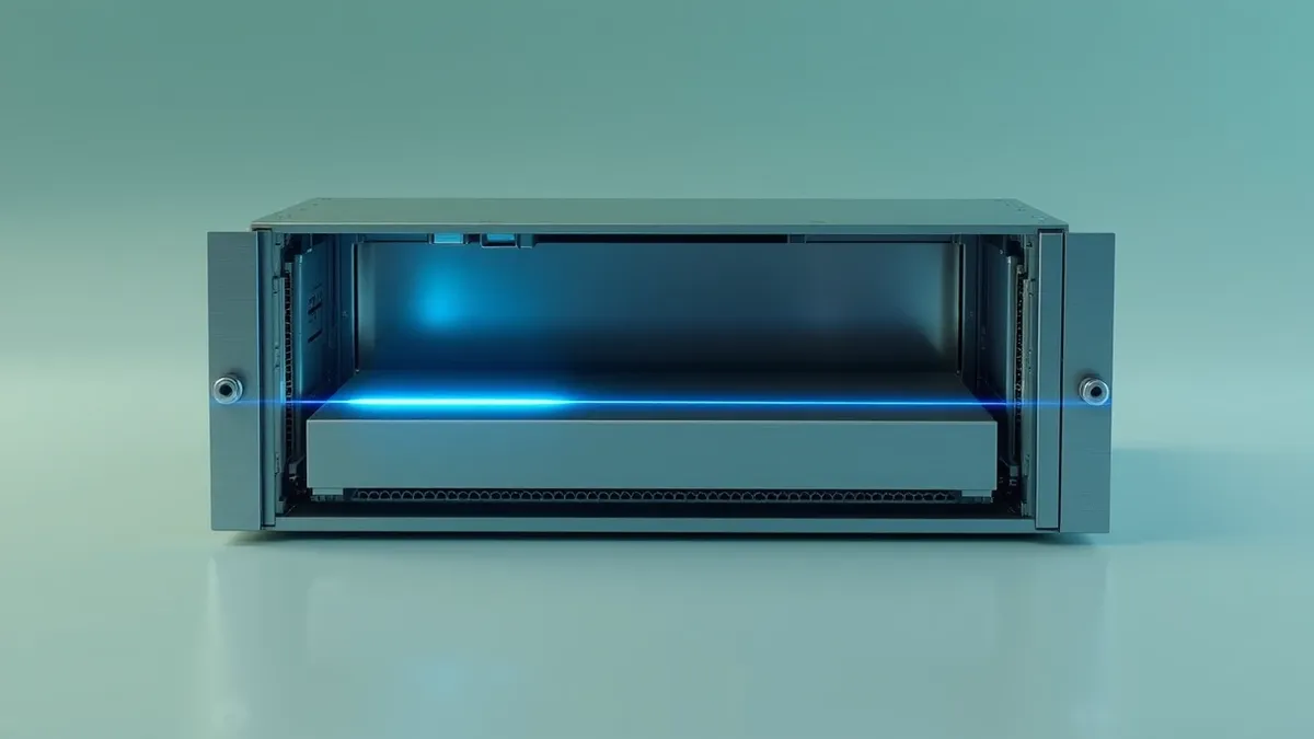 Illustration: A sleek metal server blade sits inside an open chassis, with a thin beam of clean blue light scanning its surface.