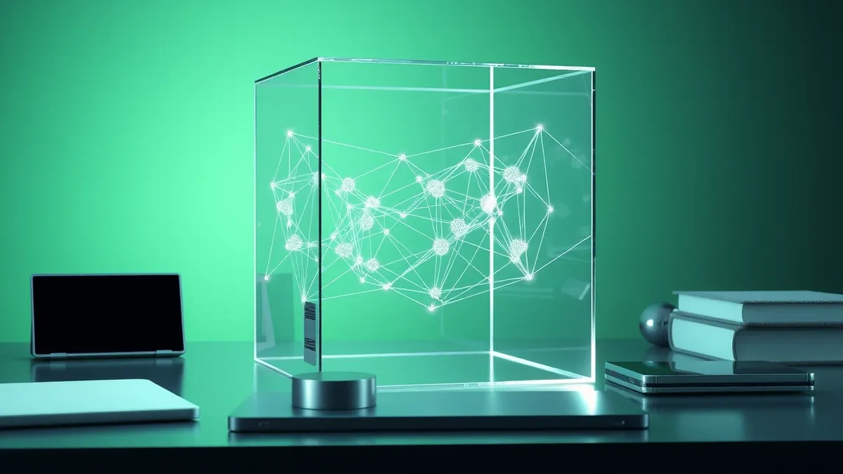 Illustration: A transparent glass cube sits on a desk, filled with intricate, glowing geometric wireframes that shift and reconfigure into new shapes.