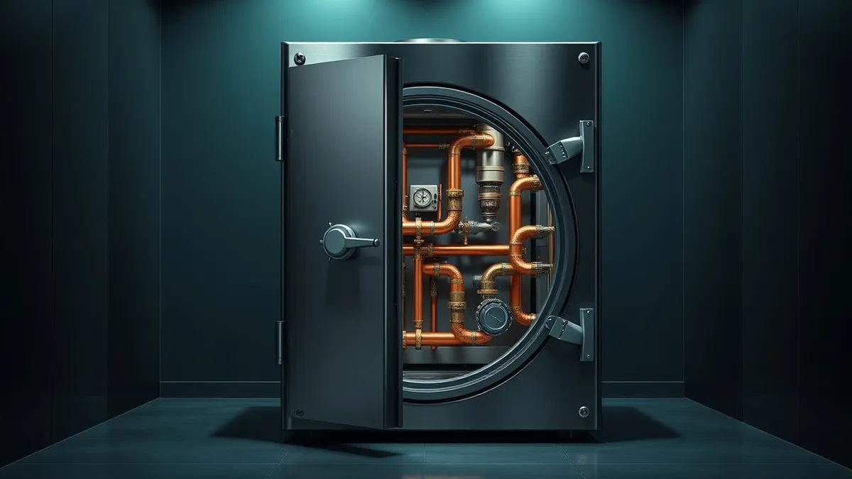 Illustration: A thick, heavy steel vault door stands slightly ajar in a dark industrial corridor.