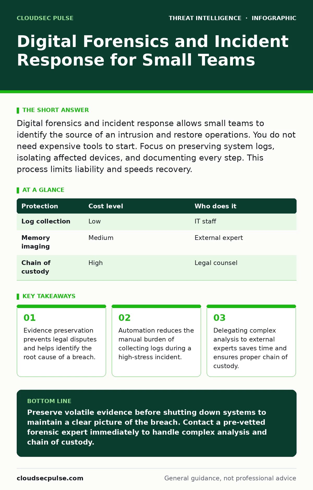 Infographic: Digital Forensics and Incident Response for Small Teams. Evidence preservation prevents legal disputes and helps identify the root cause of a breach. Automation reduces the manual burden of collecting logs during a high-stress incident. Delegating complex analysis to external experts sa