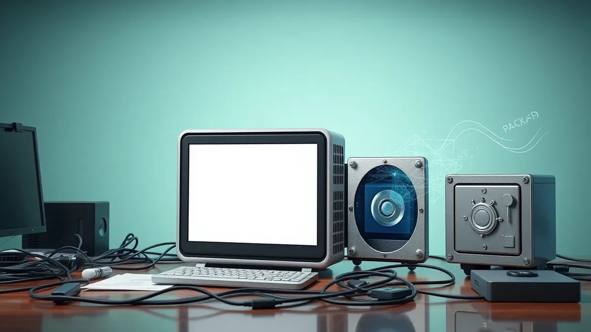 Illustration: A compact desktop workstation sits on a cluttered office desk, surrounded by tangled cables and a small hard drive enclosure.