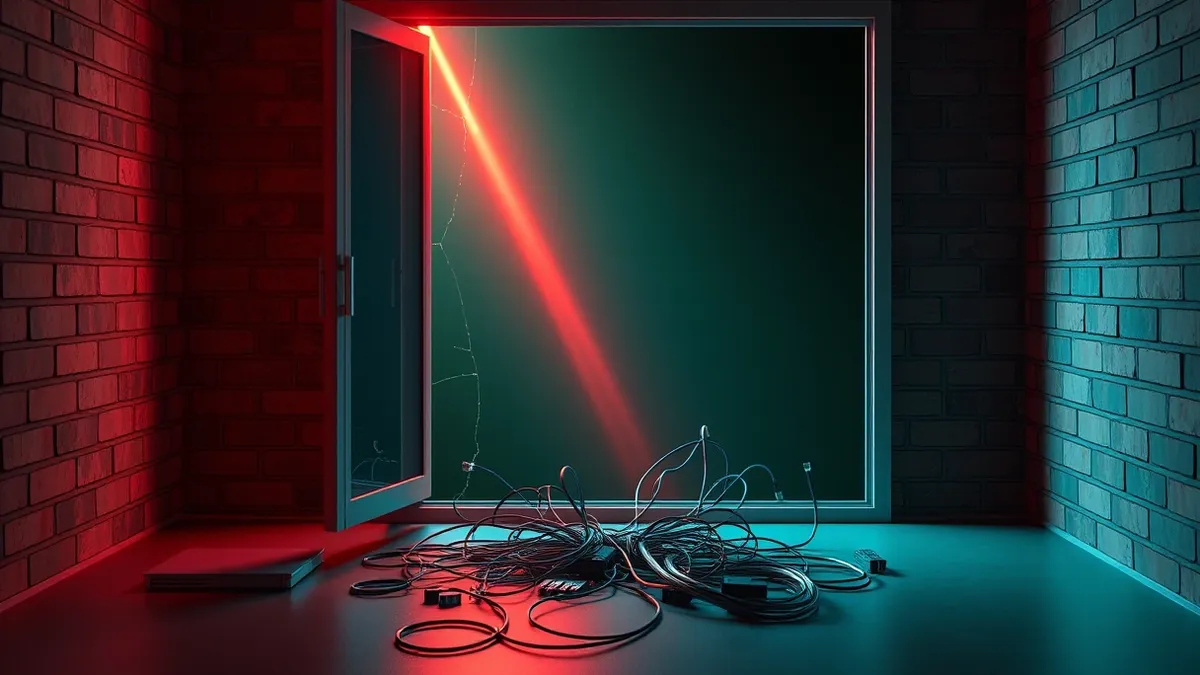 Illustration: A cracked glass window stands open on a brick wall, allowing a single glowing red beam of light to pierce through the darkness inside.