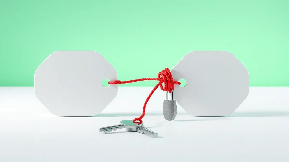 Illustration: A tangled knot of red string ties two blank digital tokens together on a clean white desk.
