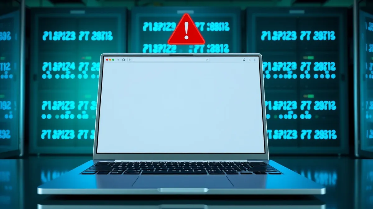 Illustration: An open laptop displays a blank browser window showing a simple data query interface.