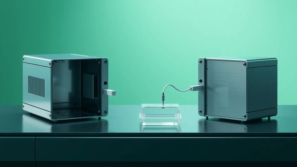 Illustration: A sleek hardware security module sits on a workbench with its metal casing open.