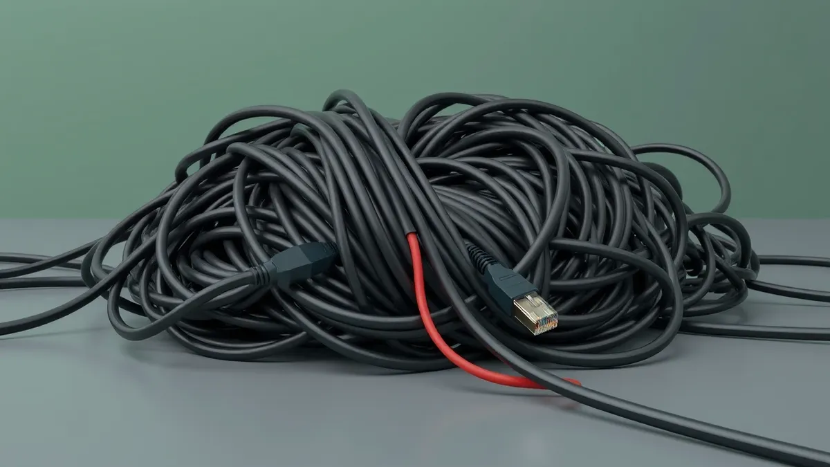 Illustration: A tangled mass of black ethernet cables forms a dense knot on a grey desk.