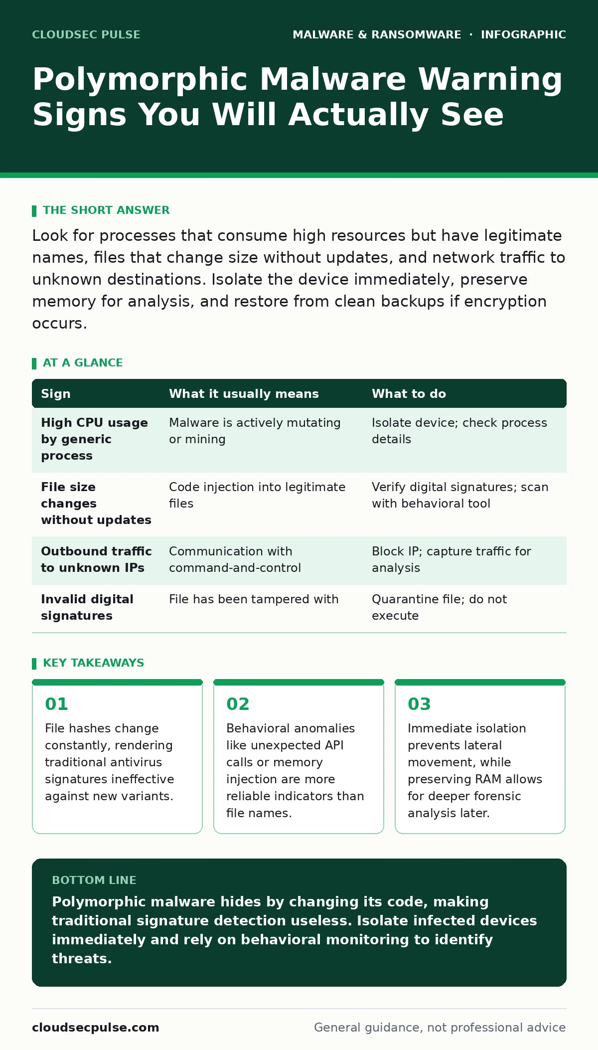 Infographic: Polymorphic Malware Warning Signs You Will Actually See. File hashes change constantly, rendering traditional antivirus signatures ineffective against new variants. Behavioral anomalies like unexpected API calls or memory injection are more reliable indicators than file names. Immediate