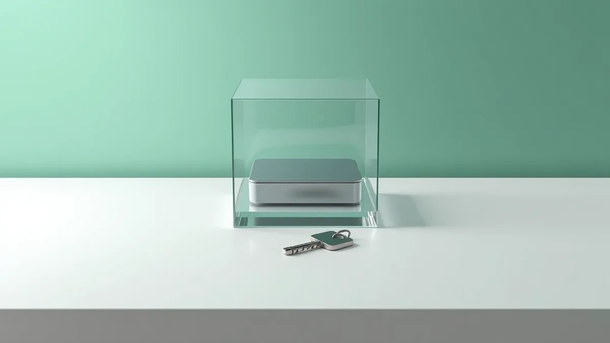 Illustration: A standalone external hard drive sits on a clean white desk, enclosed inside a small transparent glass cube.