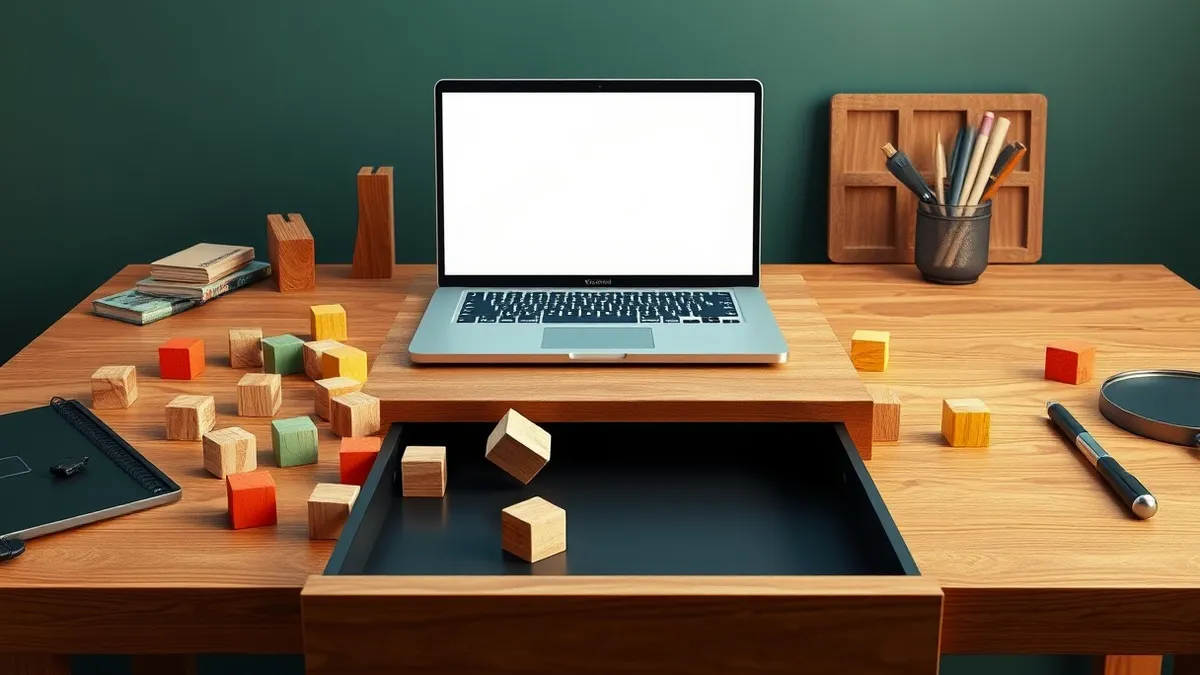 Illustration: A wooden workbench holds a laptop with a blank screen, surrounded by scattered, colorful wooden building blocks that have fallen out of alignment.