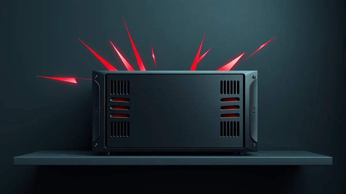 Illustration: A black network security appliance sits on a dusty shelf.