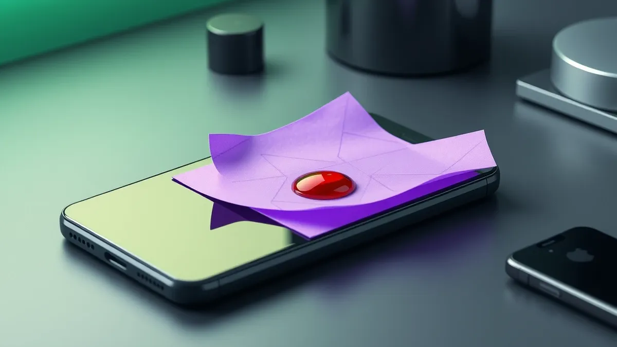 Illustration: A sleek black smartphone rests on a matte desk surface.
