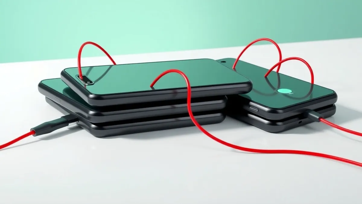 Illustration: A stack of new black smartphones sits on a sterile white table.