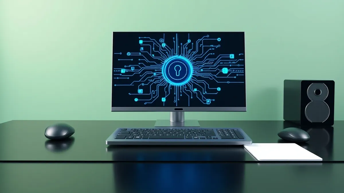 Illustration: A sleek security console sits on a dark desk, its screen displaying abstract blue data streams flowing into a central hub.