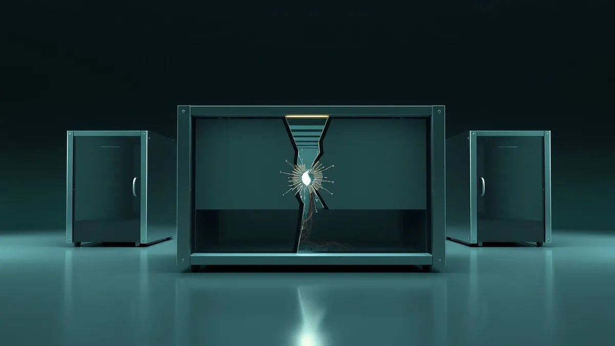 Illustration: A sleek, metallic server node sits isolated in a dark, sterile room.