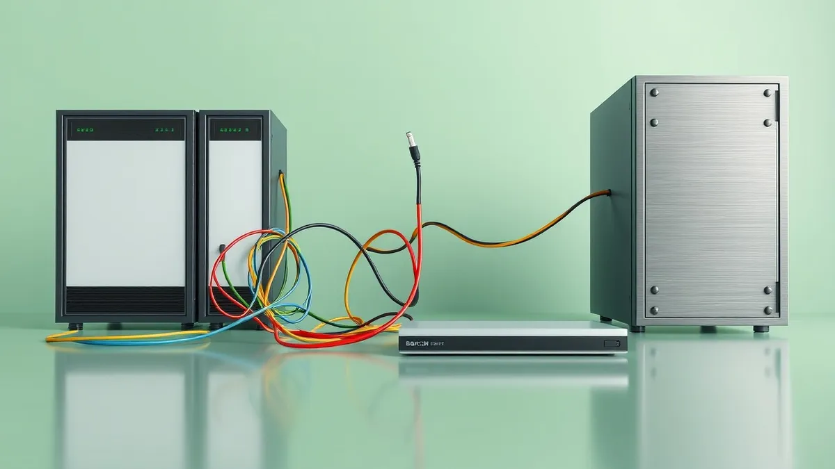 Illustration: A tangled nest of colorful cables connects blank server boxes to a large, empty storage drive.
