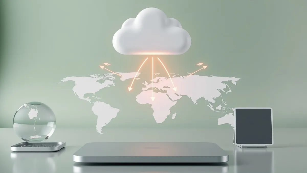 Illustration: A cloud storage icon hovers above a simplified world map, tethered by a glowing line to a single, specific geographic region outlined in bold.