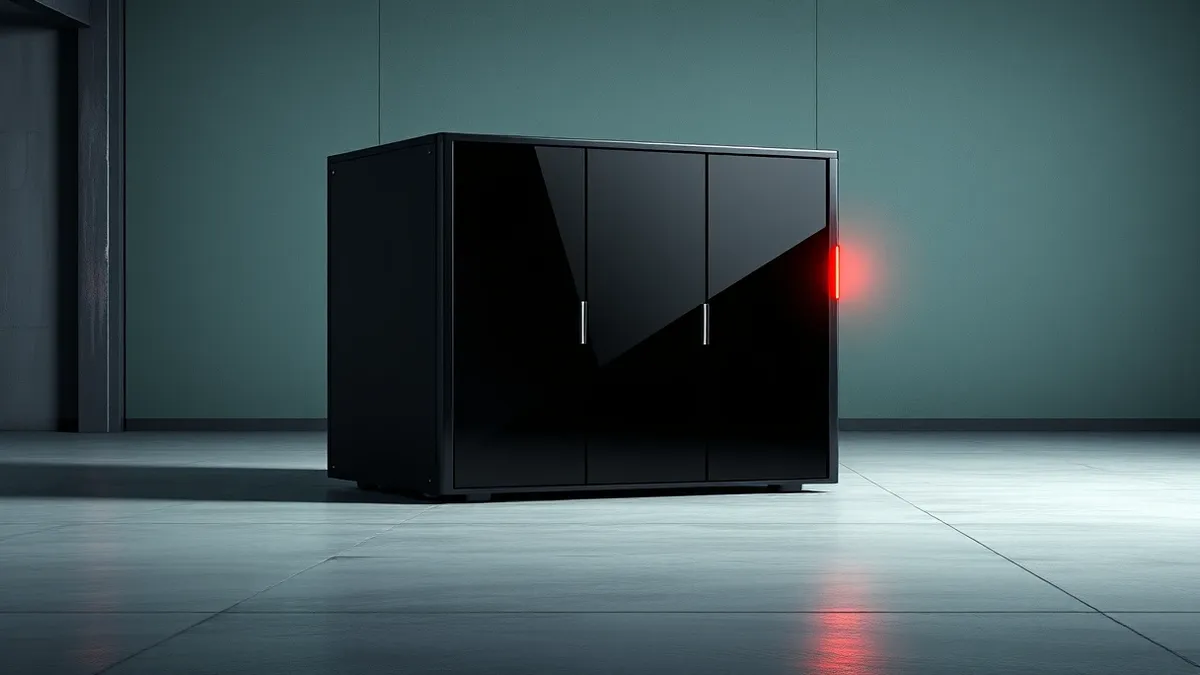 Illustration: A sleek black server rack sits isolated on a concrete floor, its front panel blank and dark.