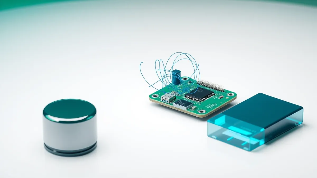 Illustration: A small green circuit board sits on a white surface, featuring a black microcontroller chip and tiny silver connectors.