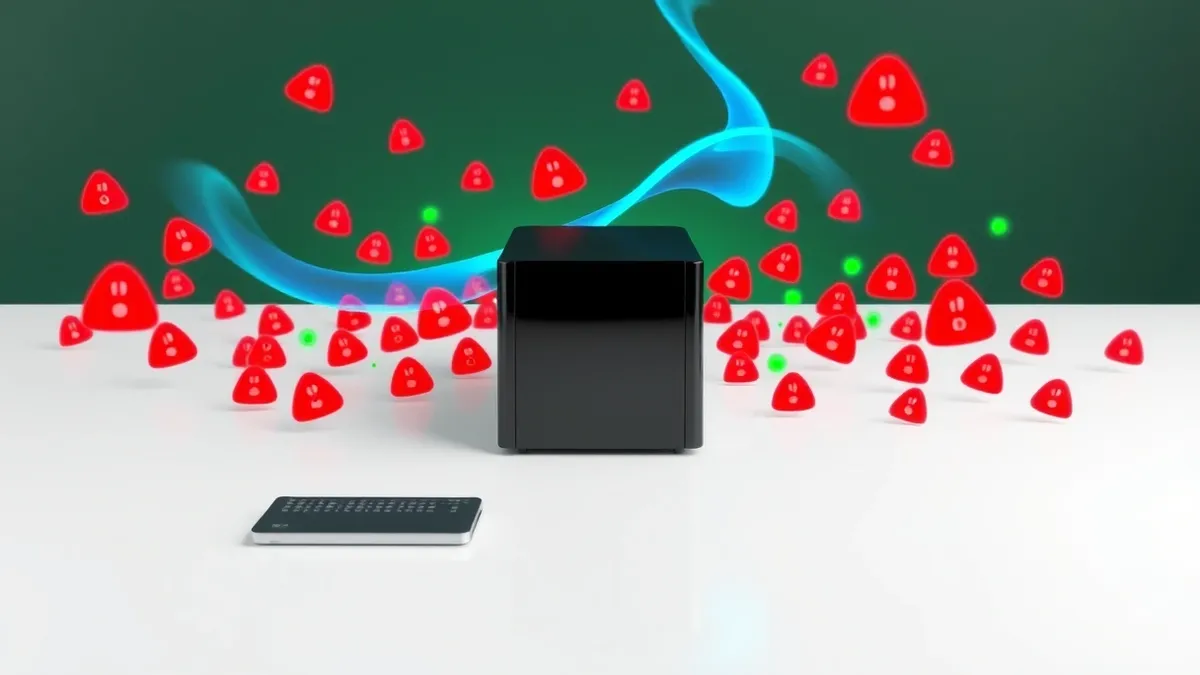 Illustration: A sleek black server node sits on a clean white desk, surrounded by a swirling cloud of translucent red alert icons.