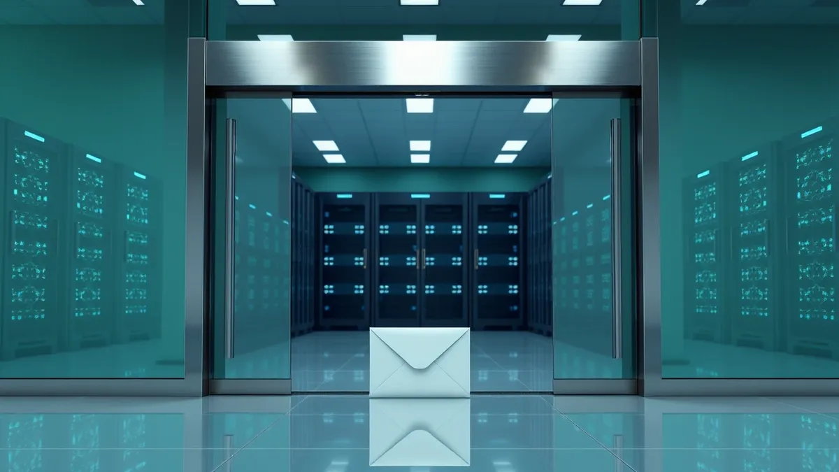 Illustration: A sleek automatic glass door slides open as an unmarked envelope slips through the gap onto a polished floor.