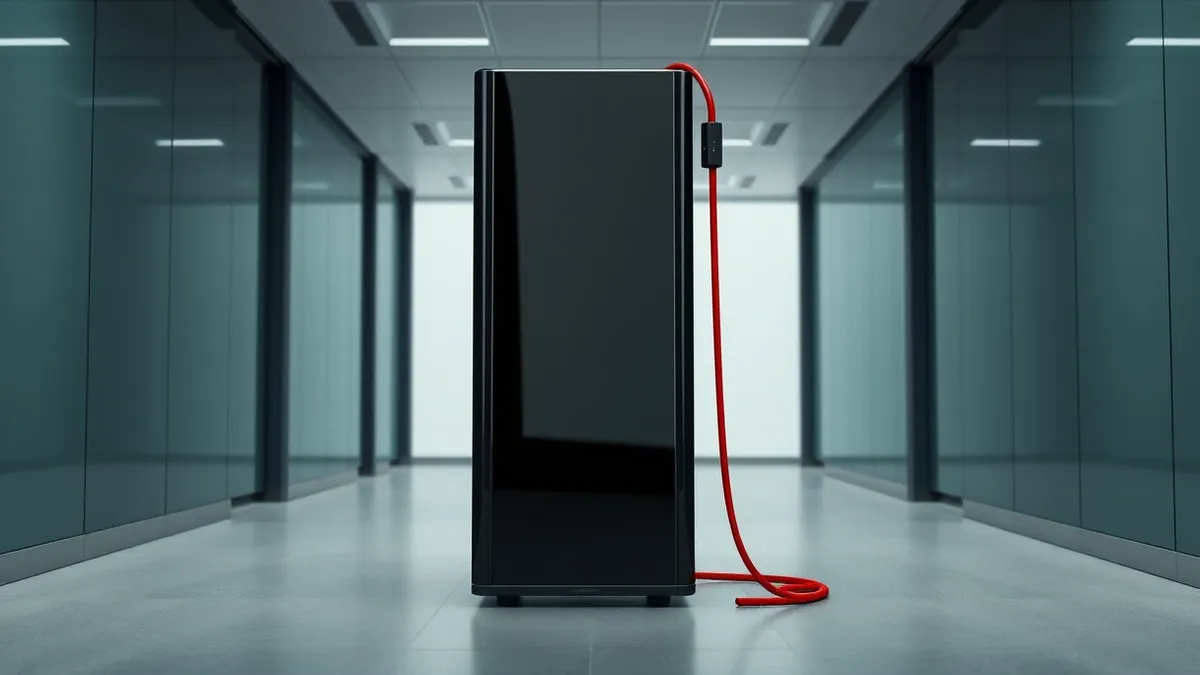 Illustration: A sleek cloud storage tower stands dark and motionless in a London office corridor, its status lights extinguished.