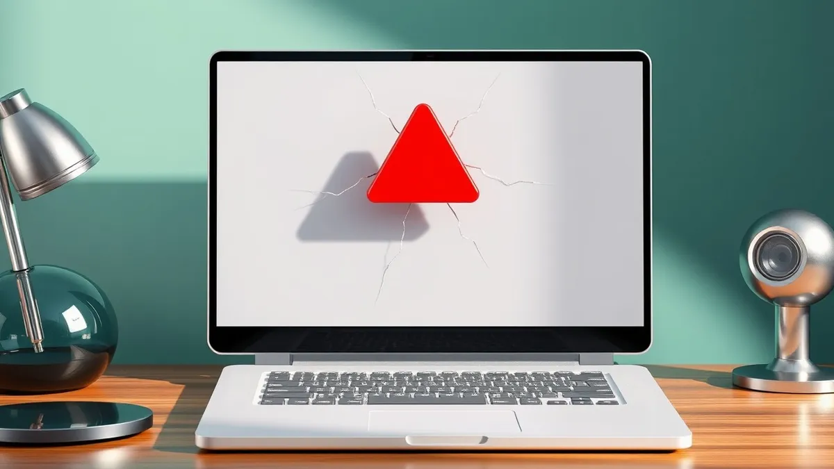 Illustration: A blank white laptop screen sits on a wooden desk, its reflection showing a single red warning triangle hovering in the air above the keyboard.