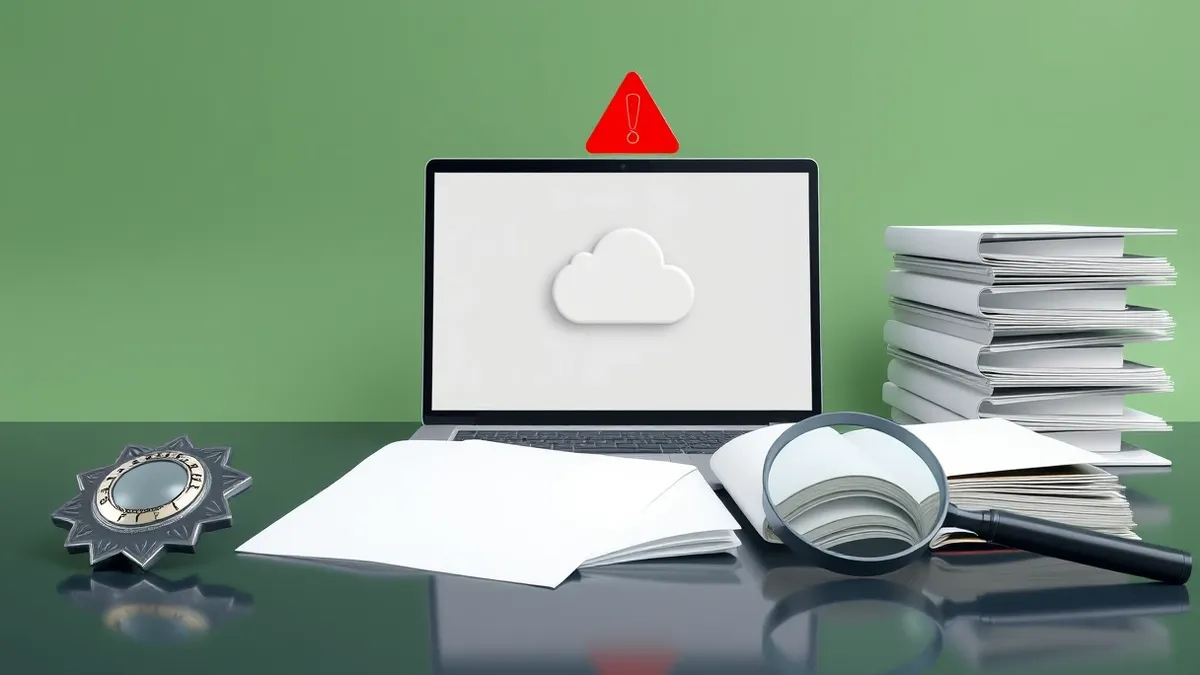 Illustration: A police badge rests on a desk next to an open laptop displaying a generic software interface.