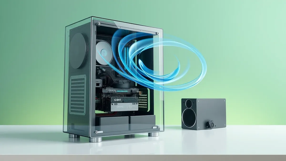 Illustration: A transparent glass computer tower sits on a clean white desk, revealing its internal components.