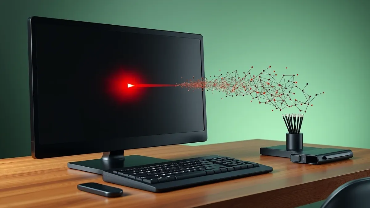 Illustration: A sleek black command line console sits on a wooden desk.