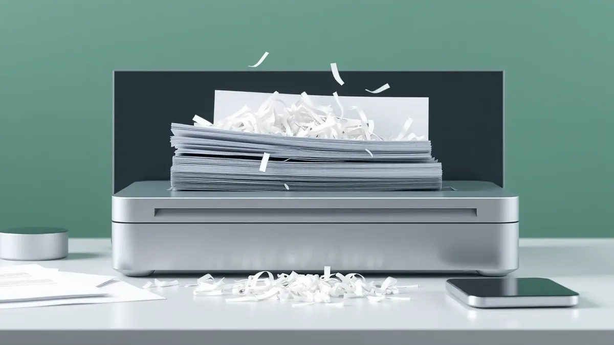 Illustration: A neat stack of paper files sits on a desk beside a shredder.