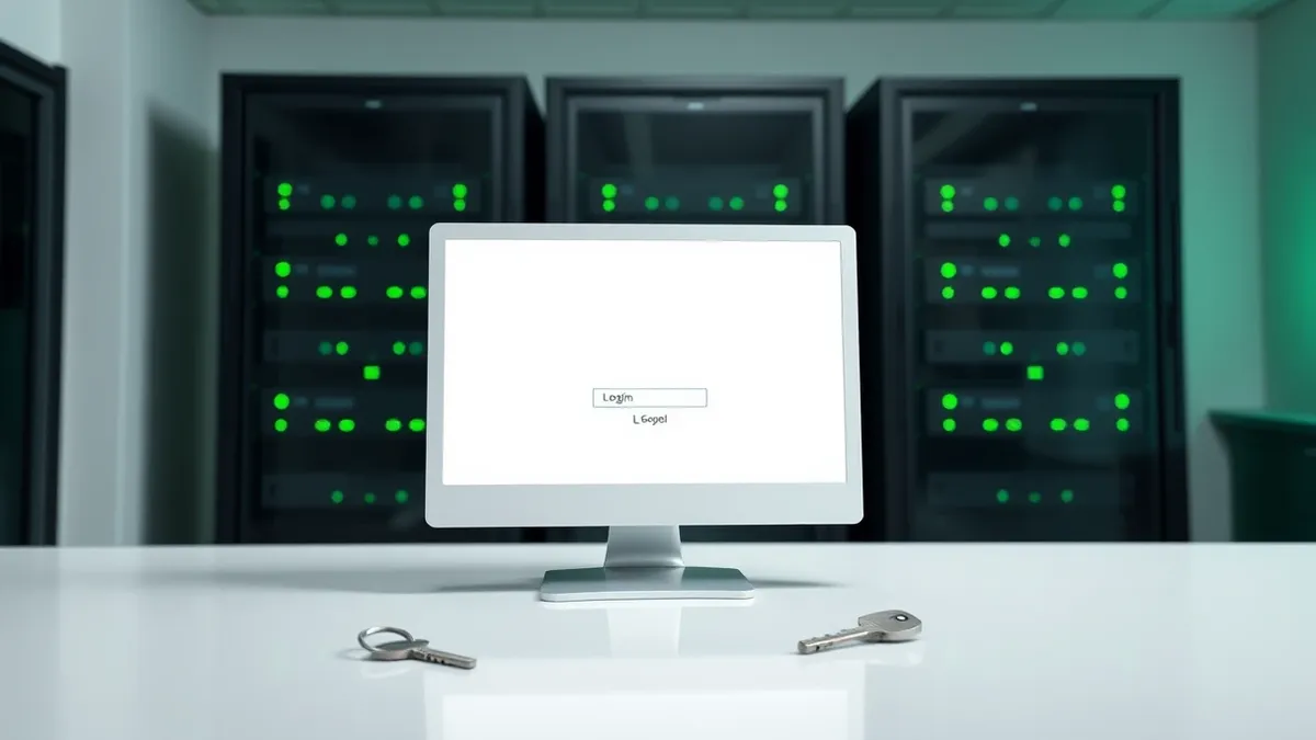 Illustration: A blank white monitor sits on a clean desk, displaying a single empty login box with a blinking cursor.